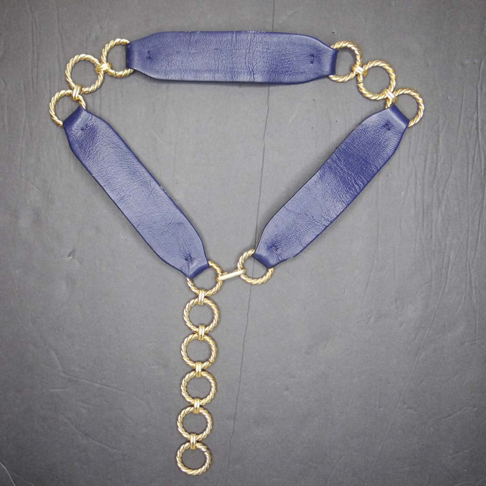 MM Morris Moskowitz Gold Chain Dark Blue Leather Suede Adjustable Belt